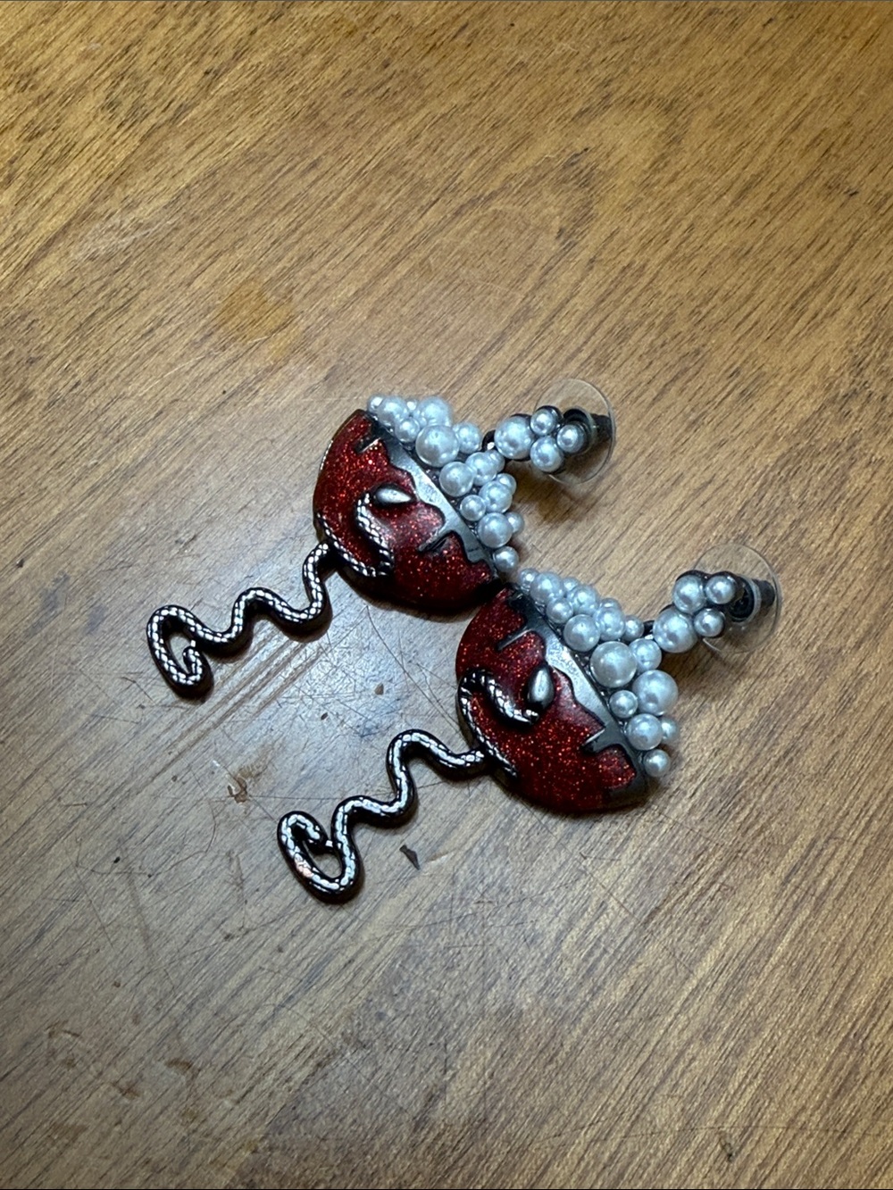 Red Glitter Cocktail Drop Earrings with Pearl Cluster - Picture 2 of 4